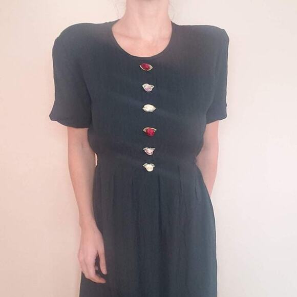 Vintage Dresses & Skirts - Deadstock Vintage 90s Short Sleeve Midi Dress Green Rosebud Embellishments 10P